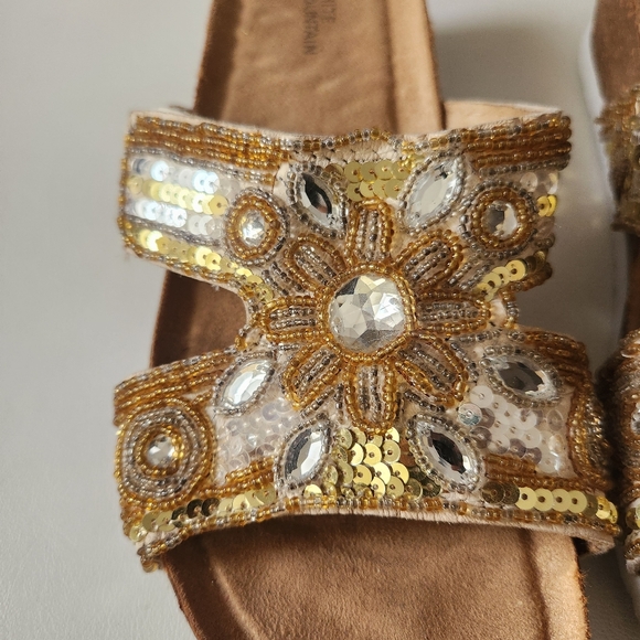 Gold Embellished Floral Sandals with Pearlescent Beads, Gem Stones & Sequins - Picture 3 of 13